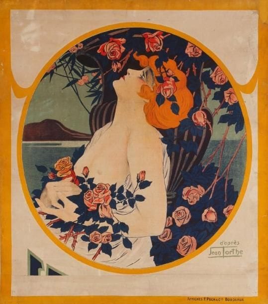 Jean TORTHE (d'après)
Femme aux roses. Imp. F. Pech, Bordeaux. Entoilée. E.M. (restaurations). 90 x 80 cm.