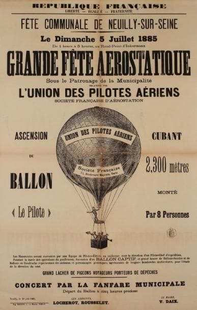 ANONYME
Fête communale de Neuilly-sur-Seine, 5 juillet 1885 - Grande fête aérostatique. Imp. Barbier, Paris. Entoilée. A.B.E. (pliures, déchirures). 100 x 64 cm.