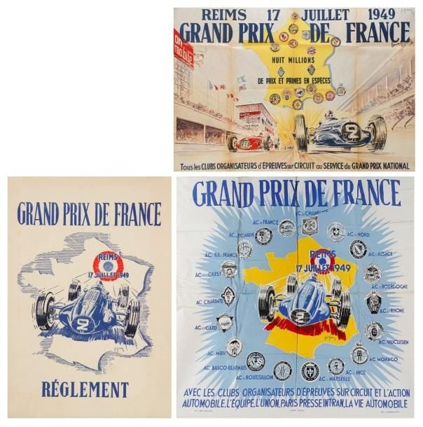 J. DES GACHONS
Grand Prix de France Reims 17 juillet 1949. Imp. Matobraine, Reims. Non entoilée. B.E. (pliée). 78 x 120 cm. On y joint le Réglement n°18 exemplaire de l'automobile club basquo-béarnais et un rare foulard en coton par Des Gachons. 79 x 76 cm.