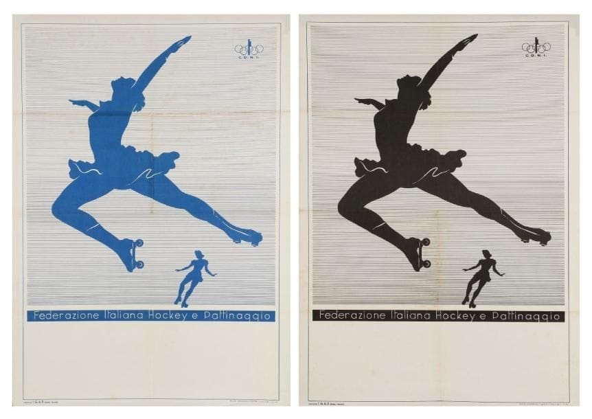 ANONYME
Grafiche Igap Roma-Milano. Federazione Internazionale Hockey e Pattinaggio (Comité olympique). 2 épreuves, une en noir, une en bleu. Non entoilées. B.E. 100 x 70 cm.