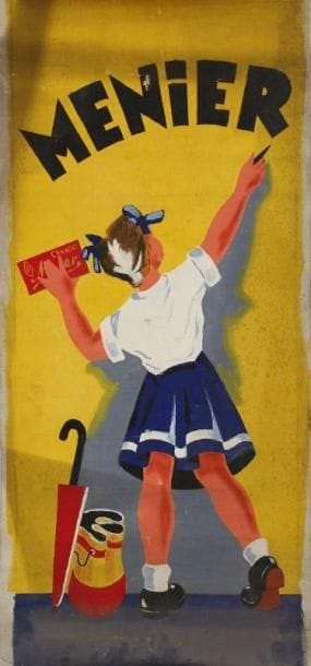 CHOCOLAT-MENIER
Huile sur toile. La petite fille du chocolat Menier. Datée 1939 au dos. A.B.E. (pliures et petits manques). 86 x 39 cm.
