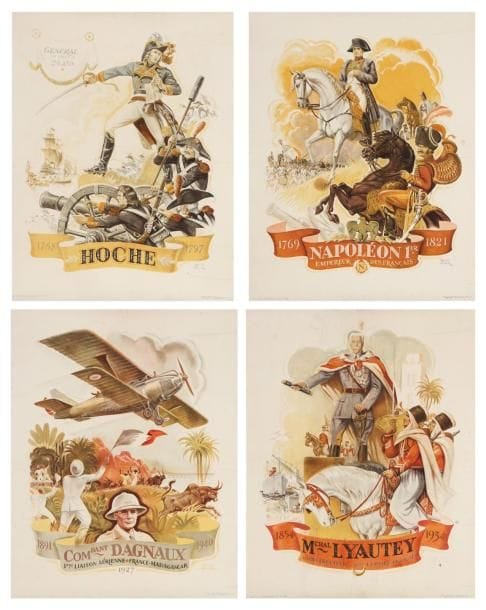 Raoul AUGER
4 Panneaux patriotiques Hoche - Napoléon - Lyautey - Commandant Dagnaux, 1943. Imp. Desfossés Néogravure, Paris. Entoilées. B.E. 44 x 56 cm chaque.