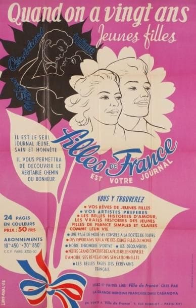 LAMY-RIVAL
Quand on a vingt ans - Filles de France et votre journal, 1954. Imp. Moderne du lion. Non entoilée. B.E. (pliée, courte de marges). 119 x 79 cm.
