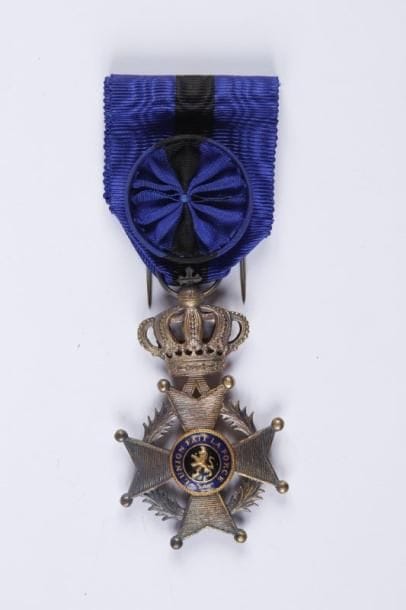 BELGIQUE
Ordre de Léopold II (1900). Croix d'officier en métal doré (vermeil?) émaillé. Dans son écrin de la maison Fisch & Cie à Bruxelles. Largeur: 39 mm. T.T.B.