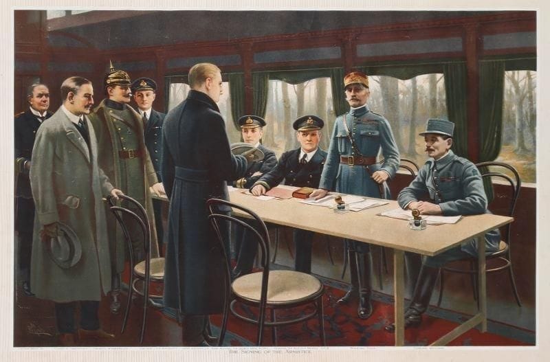 « La signature de l'armistice à Rothondes en 1918». Tirage en couleurs. 45 x 69 cm. Encadré sous verre.