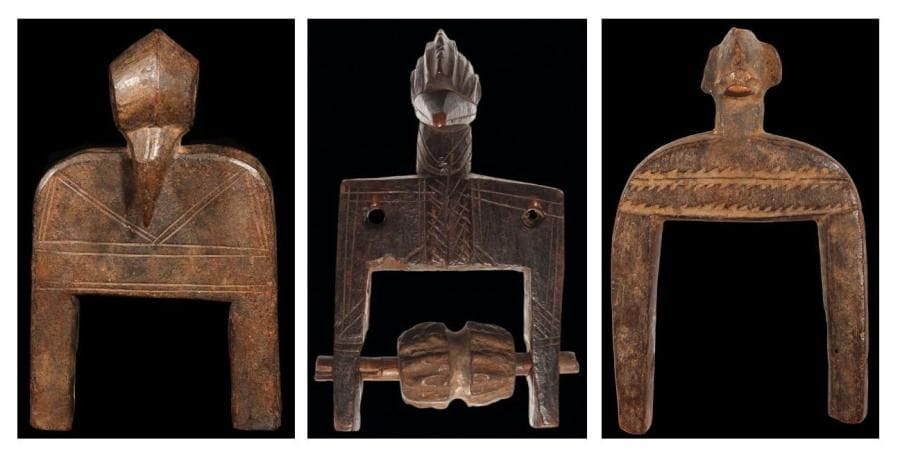 Lot de 3 poulies SENOUFO (Mali/R. Côte d'Ivoire). Hauteurs:15 cm et 12 cm (2).