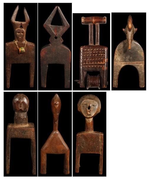 Lot de 5 poulies BAOULE/AKAN (R. Côte d'Ivoire). Hauteurs:de 12 cm à 16 cm.