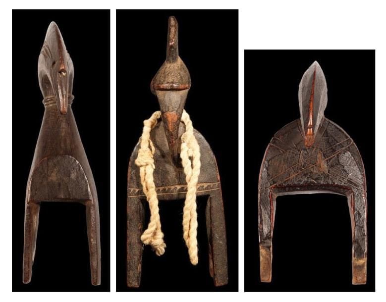 "Lot de 3 poulies de métier à tisser SENOUFO. (Mali / Côte d'Ivoire).. Hauteurs:20 cm ; 19 cm et 12 cm. "