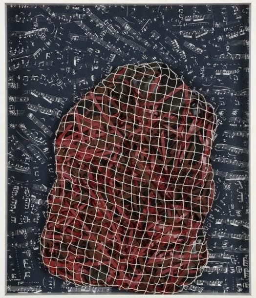 Michel MAGNE
Amas cailloux fond musique, 1976 Bandes magnétiques, filet sur fond lithographié noir. Signé, daté et titré au dos. 58 x 49 cm