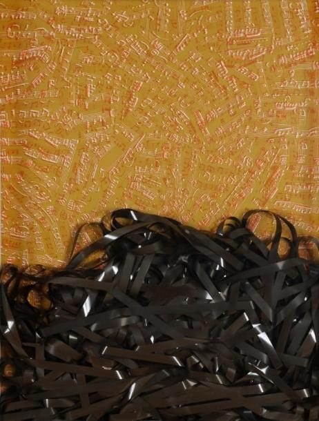 Michel MAGNE
Amas noir sur fond musique, 1976 Bandes magnétiques sur fond lithographié jaune. Signé, daté et titré au dos. 64 x 49 cm