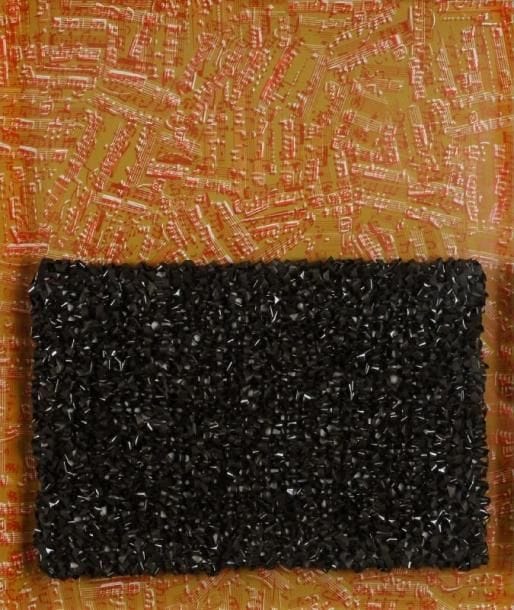 Michel MAGNE
Tricot fond musique, 1976 Bandes magnétiques sur fond lithographié jaune. Signé, daté et titré au dos. 58 x 49 cm
