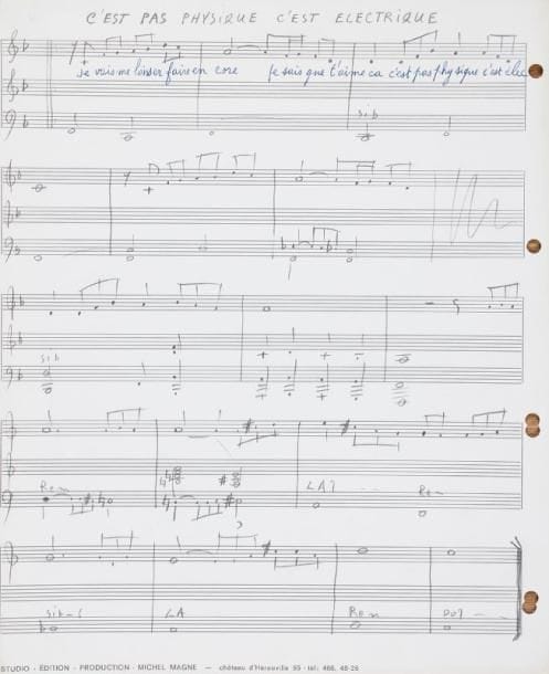 Michel MAGNE
7 Manuscrits musicaux autographes ; 13 pages in-fol. (34 x 27,5 cm) Chansons et musiques écrites à l'encre ou au crayon sur papier à 15 lignes du Studio Michel MAGNE au château d'Hérouville C'est pas physique c'est électrique, avec début des paroles : « Je vais me laisser faire encore je sais que t'aime ça c'est pas physique » - On my honor, 2 versions, avec en-tête collé Strawberry Studio. - Esperanza. - Noël astronomique, avec paroles : « Il est né sur Saturne » - Passe le temps, avec paroles : « Je suis jeune et pourtant j'ai déjà vécu » - Tout a changé, « chanson atonale mais jolie pour Christiane Legrand », sans paroles