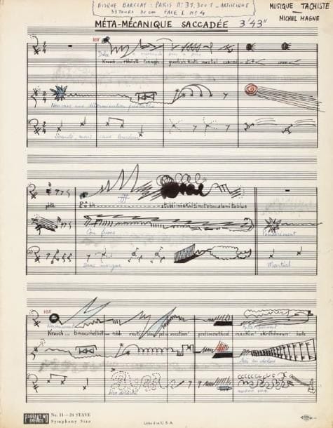 Michel MAGNE
2 Manuscrits musicaux autographes signés, [1952] ; 3 pages in-fol. chaque (34,5 x 27 cm) Bel ensemble de deux spectaculaires manuscrits de musique tachiste Ils sont écrits sur papier musique américain à 24 lignes (Passantino Brands). Ces deux oeuvres ont été données en concert à la salle Gaveau le 15 juillet 1954 et le 31 octobre 1958 et ont été enregistrées en 1959 dans le disque Barclay Musique tachiste Mémoire d'un trou, à l'encre et aux crayons de couleur, avec les indications de dynamique, de nuance et d'interprétation au stylo bille bleu, la fin étant notée : « sans couleur en se rapprochant insensiblement des infra-sons ». L'oeuvre dure 2'50 Méta-mécanique saccadée, à l'encre et aux crayons de couleur, avec les indications de dynamique, de nuance et d'interprétation au stylo bille bleu. L'oeuvre dure 3'43'' On joint le livret du disque illustré par Sempé, truffé de textes dactylographiés commentant chaque pièce ; et deux tapuscrits de textes de présentation des oeuvres