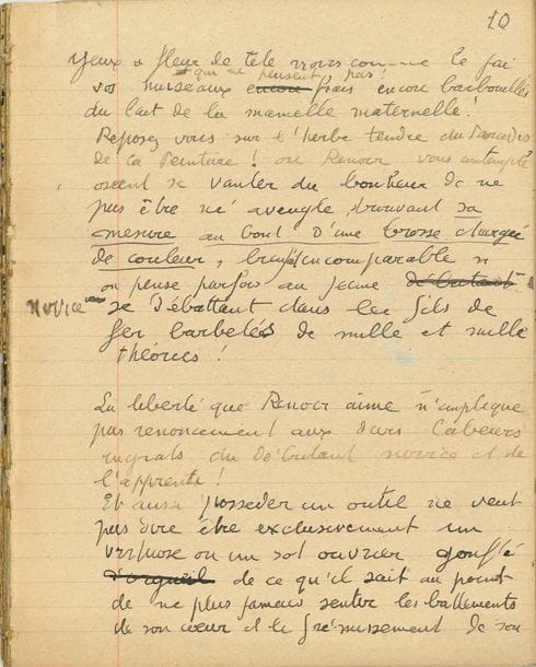 Georges ROUAULT (1871-1958). Manuscrit autographe, [Renoir, Degas] ; 31 pages petit in-4 extraites d’un cahier, paginées 9 à 39, avec de nombreuses ratures et corrections.

Très belle étude de l’art de Renoir et de Degas. Nous n’en citerons que de courts extraits.
« Renoir devant la nature a privilège d’un doux abandon cela nous change un peu de ceux-là qui ont toujours dans l’œil la pointe du crayon d’Ingres, de même il offense certains idéalistes leur parlant crument d’une peau qui absorbe la lumière, de tétins lourds et fermes, de jolies fesses »… Rouault évoque la transformation que le temps apportera à certaines couleurs de Renoir ; il met en parallèle l’art de Renoir et celui de Cézanne ; il met l’accent sur « la profonde réalité de sa vision », comme celle de Rembrandt ; Renoir dit dans ses toiles son adoration de la nature ; comme tout grand peintre, il a un « sens pictural » inné… Quant à Ingres (surnommé Dominique) : « On en fait un épouvantail dans le champ saccagé par les moineaux cubistes et anti-cubistes se mesurant du bec »… C’est comme collectionneur des dessins d’Ingres que Rouault en vient à parler de Degas, « son fils adoptif ». « Degas en innombrables essais calques repentirs à la craie au fusain et au pastel abonde refaisant vingt fois le même angle de bras, le même mouvement de jambes, même torsion et inflexion de pieds, ce maniaque limite son champ d’expérience comme le savant sélectionne et classe les espèces. Il serre cette forme de plus près, dessine parfois en peintre avec un acharnement maladif à faire rendre à la nature en dehors des conventions tout ce qu’il peut, mais il reste conscient esclave d’un passé admirable dans sa perfection manuelle, il est parfois aussi esclave du beau dessin », le transposant « dans un champ naturiste »… etc.
Ancienne collection de l’abbé Morel (vente 14 décembre 2005, n° 112).

