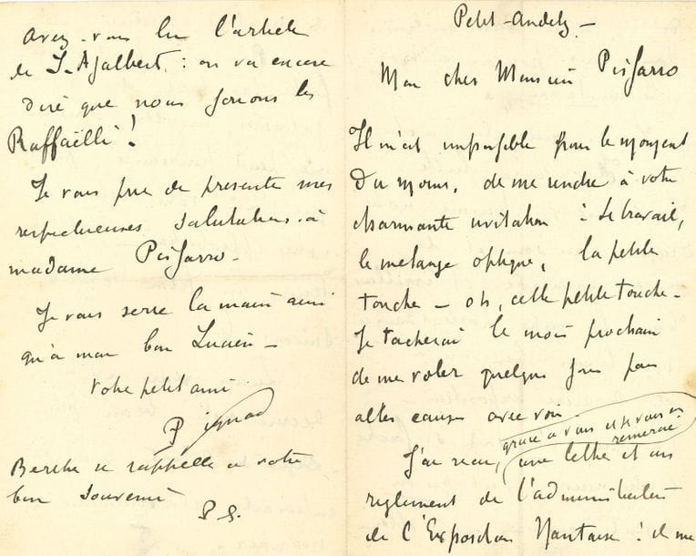 Paul SIGNAC (1863-1935). L.A.S., Petit-Andely [été 1886], à Camille Pissarro ; 4 pages in-8.

Superbe lettre à Camille Pissarro sur leur peinture, alors que Signac commence sa série des Andelys. [En juin 1886, Signac s’installe pour trois mois aux Andelys, et y peint une série de dix tableaux.]
Il ne peut se rendre à sa « charmante invitation : le travail, le mélange optique, la petite touche – oh, cette petite touche. Je tâcherai le mois prochain de me voler quelque jour pour causer avec vous ». Il parle de l’Exposition Nantaise : « Je crois que cela va être dur. Il y aura lutte. Tant mieux, hissons notre drapeau au sommet de toute barricade et tiraillons. Tous les coups portent dans ce troupeau, nous l’avons bien vu à cette dernière exposition. Pour que l’on se fâche contre nous, c’est qu’on a senti que nous avions obtenu des résultats sérieux. Pour ma part, je me fiche pas mal des haines, jalousies, insultes dont on me peut poursuivre, pourvu que j’aie votre estime et votre approbation. Nous tenons un filon sérieux, suivons-le. Lucien [Pissarro, fils aîné de son correspondant, et peintre] vous a dû décrire notre beau pays. Depuis son départ je me suis [mis] au travail, cela commence à marcher »… Puis, à propos d’un article de Jean Ajalbert : « on va encore dire que nous jouons les Raffaëlli ! »… 
Archives Camille Pissarro (21 novembre 1975, n° 165).
