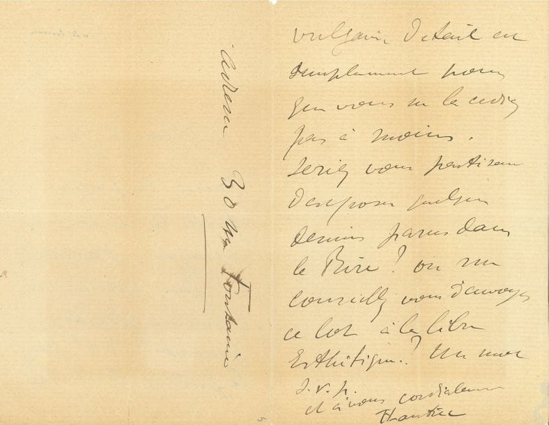 Henri de TOULOUSE-LAUTREC (1864-1901). L.A.S., [Paris] 30 rue Fontaine, [2 décembre 1896, à l’éditeur belge Edmond Deman] ; 2 pages et quart in-8.

« Merci des papiers. Je ne les ai pas encore essayés. Je vous ai fait adresser une épreuve Lender – pour vous 30f pour le public 50f. Ce vulgaire détail est simplement pour que vous ne la cédiez pas à moins. Seriez-vous partisan d’exposer quelques dessins parus dans le Rire ? ou me conseillez-vous d’envoyer ce lot à la Libre Esthétique ? »...
Correspondance (éd. Herbert Schimmel, 1992), n° 471, p. 308.
