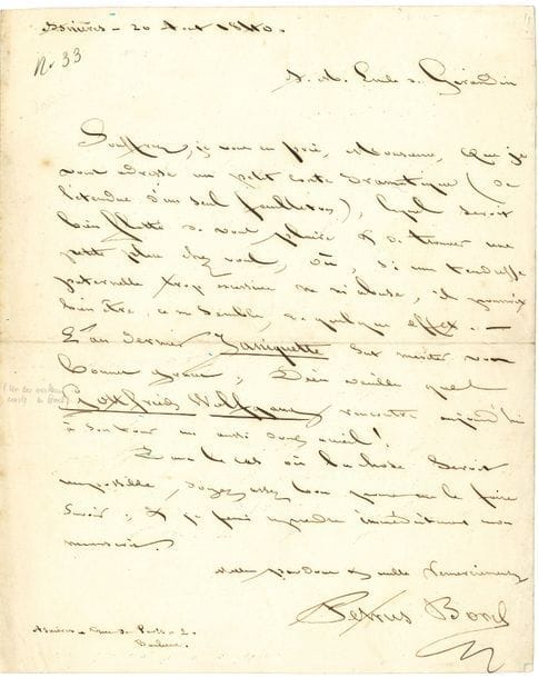 Petrus BOREL (1809-1859). L.A.S., Asnières 20 août 1840, à Émile de Girardin ; 1 page petit in-4.

Rare lettre sur ses contes.
Il lui adresse « un petit conte dramatique (de l’étendue d’un seul feuilleton), lequel serait bien flatté de vous plaire & de trouver une petite place chez vous, où, si une tendresse paternelle trop excessive ne m’abuse, il pourrait bien être, ce me semble de quelque effet. L’an dernier Janiquette sut mériter vos bonnes grâces, Dieu veuille que Gottfried Wolfgang rencontre aujourd’hui à son tour un aussi doux accueil ! » Sinon il fera reprendre son manuscrit…
