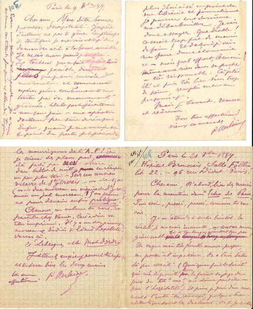 Paul VERLAINE (1844-1896). 3 L.A.S. « P. Verlaine » ou « P.V. », octobre 1887, à son ami Edmond Lepelletier ; 2, 4 et 4 pages in-12 à l’encre rouge.

Belles lettres de l’Hôpital Broussais sur ses projet littéraires.
Paris 9 octobre. Il le remercie de son offre d’hospitalité. « Je ne sais encore quand je sortirai. Je tâcherai que ce soit le plus tard possible, d’autant plus que je suis en voie d’amélioration et commence à espérer qu’on continuera à me traiter par des mouvements gradués. De la sorte j’éviterai – non sans joie – une opération d’ailleurs peu sûre de réussir. [...] Je vais envoyer mes Romances à Mario Proth. Dis lui un mot en ma faveur. J’ai des raisons pour désirer une phrase aimable dans sa causerie littéraire du Mot d’Ordre. Je fais des proses pour journaux payants, – mais où m’adresser ? Mendès qui avait promis de s’occuper de moi ne s’en occupe guère, après une fantaisie des Mémoires d’un veuf insérée en août à la Vie pop[ulai]re (12 fr.) »...
Paris 21 octobre. ...« Je m’attends à sortir bientôt. En réalité, je me crois incurable, ou tout au moins guérissable si à la longue qu’autant dire pas ! Un vague, mais très pénible amour-propre, me pousse à l’impatience. On a l’air d’être là par charité. Quoiqu’au fond la société qui m’a dépouillé sous la forme du juge de paix du XIIe arrt me doive peut-être un peu l’hospitalité. Et puis je puis d’un moment à l’autre être renvoyé, quelque bienveillants que soient les directeurs ». Il prie son ami de lui envoyer de quoi payer le train pour Bougival... « Quelques amis m’apportent de temps en temps du tabac, et Vanier – mais qu’il est dur à la détente ! – me “fade” par instants, sur de vagues copies miennes. Je vais aussi conclure des traités quelque peu nourrissants... pour l’avenir avec cet éditeur intelligent, mais, je le répète, serré !! [...] Je ne te gênerai pas beaucoup d’ailleurs, ni longtemps. [...] je crois que je dois espérer gagner par la littérature et me compléter le pain (et un peu de 
