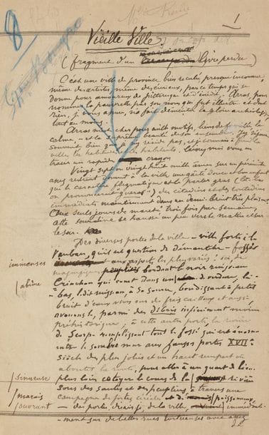 Paul VERLAINE (1844-1896). Manuscrit autographe signé, Vieille Ville (fragment d’un livre perdu) ; 23 pages in-8 montées sur onglets et interfoliées, reliées en un vol. in-8, demi-maroquin grenat à coins (Semet & Plumelle).

Manuscrit complet de ce beau texte, nourri des souvenirs d’enfance sur Arras.
Il a été publié dans Art et critique le 9 novembre 1889. Le manuscrit a servi pour l’impression dans la revue ; écrit sur papier de l’Assistance publique, il présente de nombreuses ratures et corrections.
Le « livre perdu » dont Vieille Ville serait un « fragment » était probablement le Voyage en France par un Français (1880), mais Verlaine a aussi songé à réunir ce récit à un recueil resté à l’état de projet : Histoires comme ça ou Aventures d’un homme simple.
« C’est une ville de province, bien reculée, presque inconnue, même des artistes, même des curieux, par ce temps qui se donne pour amoureux de pittoresque et d’inédit, Arras, pour nommer la pauvrette par son nom qui fut illustre et dont rien, je vous assure, n’a fait démentir la gloire archéologique, tout au moins. Arras m’est cher pour mille motifs, liens de famille, le calme, – et la suprême beauté de son ensemble. J’y séjourne souvent bien que je n’y réside pas, et je connais à fond la ville, les habitudes et les habitants ».... Suit une description minutieuse et pleine de tendresse de cette ville, avec ses fortifications de Vauban, ses petites rivières, ses marchés, son patois, sa bonne humeur. Verlaine cite longuement un « vieil auteur », Gazet, qui raconte le miracle à l’origine du culte de Notre-Dame des Ardents : belle histoire médiévale d’une peste, de la réconciliation de deux musiciens ennemis, et d’une apparition de la Vierge devant les malades réunis à l’église... Il donne de curieux détails sur le cierge miraculeux, parle avec admiration de l’église récemment édifiée en l’honneur de Notre-Dame des Ardents, et rend hommage à d’autres églises dues à un architecte de génie, Grigny, dont