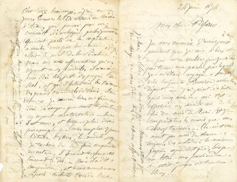 Paul CÉZANNE (1839-1906). L.A., [Aix-en-Provence] 24 juin 1874, à Camille Pissarro ; 4 pages in-8 (légère mouillure marginale).

Superbe lettre à son maître Camille Pissarro.
[Cézanne a quitté Auvers-sur-Oise pour aller voir ses parents à Aix-en-Provence et peindre dans le Midi où il n’était pas retourné depuis trois ans.]
Il remercie Pissarro de ne pas lui en vouloir de ne pas être allé le voir à Pontoise avant son départ. Il s’est mis à peindre dès son arrivée. Il compatit aux ennuis que Pissarro traverse avec des malades à la maison, en particulier le petit Georges, et pense que le climat de sa région en est peut-être la cause... «Je regrette que de circonstances nouvelles vous détournent encore de vos études, car je sais bien quelle privation c’est pour un peintre de ne pas pouvoir peindre. – Maintenant que je viens de revoir ce pays-ci je crois qu’il vous satisferait totalement. Car il rappelle étonemment votre étude en plein soleil et en plein été de la Barrière du chemin de fer»... Il évoque son petit garçon [Paul], dont il a eu des nouvelles par Valabrègue qui lui a apporté une lettre d’Hortense [sa maîtresse Hortense Fiquet, mère de Paul]...
Il a appris «le grand succès de Guillemet et l’heureux événement de Groseillez, lequel a eu son tableau acheté par l’administr. Après médaille. Voilà ce qui prouve bien qu’en suivant la voie de la Vertu, on est toujours Récompensé par les hommes, mais pas par la peinture»... Il aimerait avoir des nouvelles de Mme Pissarro après sa délivrance... Il voudrait aussi avoir des nouvelles de la « Société coop. » [la Société Anonyme des Artistes Peintres, Sculpteurs, Graveurs, qui venait d’organiser la première exposition des Impressionnistes, Boulevard des Capucines, avec plusieurs toiles de Cézanne]...
« Quand les temps seront proches, je vous parlerai de mon retour, et de ce que j’aurais obtenu de mon père, mais il me laissera retourner à Paris. C’est déjà beaucoup. – J’ai vu ces jours derniers le Directeur