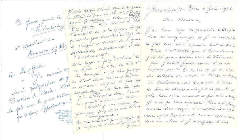 Giorgio de CHIRICO (1888-1978). L.A.S., Rome 4 juin 1956, à l’expert en tableaux Guy Isnard ; 5 pages petit in-4, adresse au verso du dernier feuillet.

Importante lettre sur les faux « Chirico » qu’on lui attribue. 
Faisant référence à l’ouvrage d’Isnard Les Pirates de la Peinture, que son avocat a cité lors d’un procès contre une galerie de Milan, Chirico fustige ceux qui font commerce de ces faux, les galeristes comme les musées. Ce procès ayant duré huit ans et lui ayant coûté pas mal d’argent, il renonce désormais à poursuivre en justice les faussaires, se contentant de les dénoncer à la police afin de faire mettre sous séquestres les toiles incriminées, tout en regrettant que les lois italiennes soient moins sévères qu’en France. « A Paris il y a un grand nombre de faux “de Chirico” ». Il en a ainsi découvert un qui était exposé depuis cinq ans au Musée d’Art Moderne, a écrit au musée pour faire enlever cette toile, mais le directeur s’est conduit de façon grossière : « sans me répondre directement il a publié sur les journaux français, et même italiens, des déclarations qui, sans préciser qu’il considérait le tableau authentique, disaient que moi j’ai l’habitude de déclarer faux des tableaux authentiques, que je suis l’ennemi de l’Art Moderne, et même de la France etc., etc. Comme moi j’insistai […] j’ai publié la foto de ce faux, à la fin, il paraît qu’il s’est décidé de le faire retirer »... Chirico poursuit en s’en prenant à plusieurs galeries parisiennes comme à d’autres « foyers de faux “de Chirico” » à Bâle, Zurich ou New-York. …« Tout cela est le résultat de l’amoralité de notre époque, du grand besoin qu’ont les gens, dans tous les pays, de se procurer de l’argent et surtout de l’ignorance et du snobisme des collectionneurs et des ainsi dits “amateurs d’art” »…
On joint une photographie (24 x 18 cm) d’un tableau, avec note autographe de Chirico au verso, indiquant que cette toile intitulée Les Archéologues, appartenant au Musée d’Art Moder