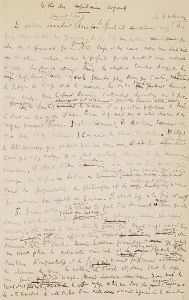 Joseph KESSEL (1898-1979). Manuscrit autographe signé, Le Thé du capitaine Sogoub, 1925 ; 8 pages in-8 montées sur onglets sur papier vélin fort avec texte imprimé en regard, le tout relié demi-veau rose.

Manuscrit complet de premier jet de cette nouvelle, d’une minuscule écriture, rapide et serrée ; il est abondamment raturé et corrigé. Il est daté en fin : « Leysin 9 avril 1925 ». Kessel, en effet, a écrit cette nouvelle au Grand Hôtel de Leysin auprès de sa femme Sandi qui tentait de soigner dans un sanatorium le mal qui allait l’emporter.
Le Thé du capitaine Sogoub a paru (après publication dans la Revue de France) en 1926 aux éditions Au Sans Pareil, illustré de six eaux-fortes de Nathalie Gontcharova, à 1260 exemplaires (voir Pascal Fouché, Au Sans Pareil, BLFC 1983, n° 55).
Comme l’écrit Yves Courrière, Le Thé du capitaine Sogoub fait « partie du “fonds russe” glané à Vladivostok, Riga et auprès des amis du Dr Kessel. Cette courte et sévère nouvelle qui met en scène la déchéance d’un officier russe émigré poussé par la misère aux travaux les plus abjects, était, avec Mary de Cork, l’une des plus belles écrites jusque là. Pour la première fois, Jef y mettait en scène l’appartement de la rue de Rivoli et surtout ses parents. Samuel, le docteur “à la fois sage et naïf” diminué par la maladie, Raïssa, devenue Marie Lvovna, dont l’“existence, tissée exclusivement de labeur et d’inquiétude, n’avait pas réussi à vaincre le charme des yeux, la fierté du front et, dans tout le corps, une noblesse simple et pure”, et l’un de ces émigrés que le couple, auquel la vie n’avait guère épargné les coups, accueillait avec bonté et simplicité. Jamais les liens puissants qui attachaient Joseph Kessel à ses parents n’avaient été exprimés avec plus d’intensité ».
