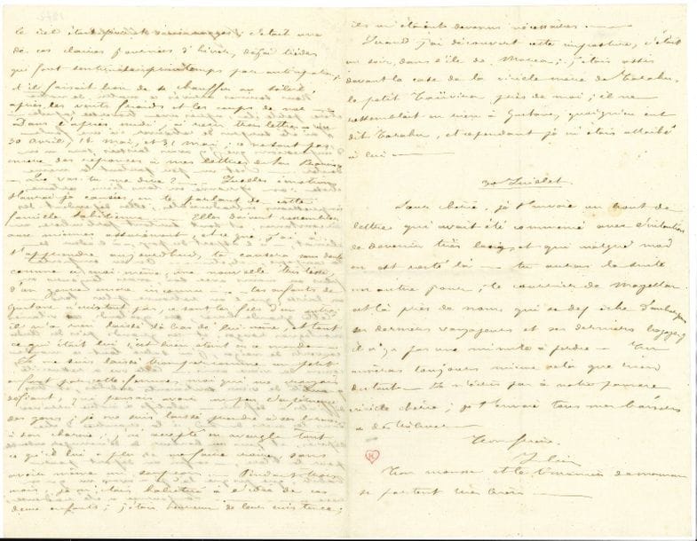 Pierre LOTI (1850-1923). 5 L.A.S. « Julien », [1872-1889], à sa sœur Marie Viaud-Bon ; 13 pages in-8 ou in-12 (une lettre incomplète).

Belle correspondance à sa « sœur chérie » Marie, au cours de ses voyages.
[Las Palmas 1870, alors qu’il est aspirant sur le vaisseau-école Jean-Bart]. Il est allé « faire une longue promenade à terre, dans une vallée humide, entre de hautes montagnes vertes et couvertes de brume. Il pleuvait par torrents et je pataugeais au milieu d’une végétation herbacée assez semblable à nos foins du mois de Juin, mais trois fois plus haute, toute mouillée et très exotique. Je viens de rentrer trempé »… Il parle de son « frère » [Joseph Bernard, le « Jean » d’Un jeune officier pauvre], qui vient d’apprendre la mort d’un jeune frère, et qu’il doit consoler : « Je l’admire tous les jours davantage à mesure que je le connais plus profondément »...
San Francisco mai [1872]. Il lui envoie par la Néréïde « une caisse contenant des dessins de l’île de Pâques, pour que tu les fasses passer, par l’intermédiaire de Nelly ou d’une autre personne, à un journal illustré quelconque ; je préférerais le Tour du monde si cela se publie toujours ; en second lieu l’Illustration ». Il y a joint des documents pour qu’elle puisse rédiger un article d’accompagnement. « Je t’envoie entre autre un cahier sur lequel j’avais écrit, jour par jour, les incidents de mon séjour là-bas, avec des détails d’une minutie exagérée. […] ce pays était jusqu’à ce jour peu connu » ; il envoie aussi des « hiéroglyphes […] Ce sont des empreintes que j’ai prises sur des morceaux de bois gravés, frottant dessus avec un crayon. Je ne crois pas qu’on ait envoyé encore en Europe de spécimen de cette écriture. […] Cette écriture s’appelle : Timo te ako ako. […] Les gens qui savaient la lire sont morts ».
Valparaiso 18-30 juillet [1872]. Au retour de Tahiti, belle évocation qu’on retrouvera dans Un jeune officier pauvre : « Cette grande baie, ces goëlands, ces vilaines montagnes r