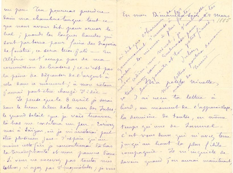 Pierre LOTI (1850-1923). 9 L.A.S « Julien », [1871-1887], à sa nièce Nadine Bon dite Ninette (future Mme Duvignau) ; 20 pages formats divers (petite découpure dans la 1ère lettre).

Belle correspondance à sa nièce chérie Ninette.
[En mer 1871]. Il lui a envoyé de Cherbourg une boîte en fer : « il y a dedans un gros ananas du Brésil que nous avions mis confire pour toi ; tu feras bien de te dépêcher de défoncer la boîte, et de le manger » ; il y a aussi « une petite coupe en argent, travaillée à la façon de l’île de Malte » ; il lui enverra aussi « un petit oiseau bleu, une petite perruche verte, un oiseau-mouche rose, et un oiseau-mouche vert.[…] nous venons d’apercevoir un bateau prussien bien loin sur la mer, et nous allons tâcher de l’attraper »...
[Début 1880], indications sur son arrivée ; espoir d’un congé.
En mer Dimanche soir 22 mars [1885]. Il s’est embarqué, et est bien triste de ne pouvoir être au mariage de Ninette. « Jusqu’au départ du Mytho j’ai eu une bonne et joyeuse escorte, une vraie cour, qui réussissait à m’étourdir ; mais à présent, seul au milieu d’inconnus, j’ai conscience d’une sorte d’effondrement de toute ma vie passée, je ne me sens aucun entrain pour cette campagne dont le terme est entouré de tant d’incertitudes. Je pars avec de pauvres gens aussi peu convaincus que moi de l’aventure dans laquelle on nous lance. […] Je pense que le 8 avril je serai dans le beau bleu de la mer des Indes, le grand soleil que je vais trouver là-bas me consolera un peu »…
Tchéfou 11 septembre [1885]. Recommandations minutieuses pour le retour en France du marin Pierre Le Cor [modèle de Mon frère Yves]. Ninette est chargée d’aller le chercher gare de Lyon, de le loger la nuit avant son départ pour la Bretagne le lendemain par la gare Montparnasse. « Pierre m’a quitté hier au soir, moitié joyeux, moitié pleurant, et je me trouve bien seul sur cette Triomphante. […] Il ne te portera rien qu’une petite attrape de la foire japonaise que nous nou