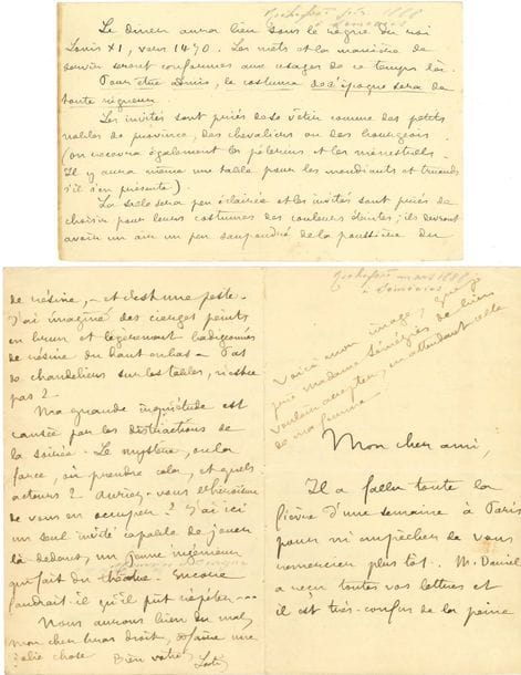 Pierre LOTI (1850-1923). 24 L.A.S. (une non signée), 1884-1894, à Marcel Sémézies à Montauban ; environ 50 pages la plupart in-12 ou in-8, 2 enveloppes.

Très belle correspondance amicale et littéraire, d’abord signée « Julien Viaud » puis « Pierre Loti ».
[Marcel Sémézies (1858-1935), de Montauban, avait quitté la magistrature pour se consacrer aux lettres : poète, romancier, journaliste, érudit, secrétaire général de l’Académie des sciences, belles-lettres et arts de Tarn-et-Garonne, il se lia d’amitié avec Pierre Loti, à qui il rendit visite à Rochefort, et qu’il fit entrer dans la « Compagnie des Mousquetaires gris de M. de Baugé » sous le nom de Simbad le Marin. Il a laissé des Mémoires de ma vie et de mon temps (Montauban, 2004).] 
La correspondance commence au début de leur amitié, en 1884, lorsque Sémézies rend visite à Loti à Rochefort : « vous aurez un désenchantement certain quand vous verrez le garçon tout ordinaire et “comme tout le monde” que je suis. Tant pis, je vous reçois avec grand plaisir »… Remerciements pour l’envoi d’un poème : bien qu’il n’aime pas en général les vers, « je les aime quand ils sont jolis et je vous assure j’ai beaucoup aimé le sonnet […] ; seulement vous avez peint trop beau mon logis, et les femmes vont en rêver »… Séjour de Loti à Montauban : « Merci aux mousquetaires [Les Mousquetaires gris, groupe littéraire fondé notamment par Sémézies] du bon accueil que j’ai reçu »… Félicitations pour le roman de Sémézies L’Étoile éteinte (Ollendorff 1886), « bien joli livre […] écrit par un garçon de cœur – allons, vous êtes un gentil petit mousquetaire, vous avez du talent et je vous serre la main en vous prédisant mille bonnes choses pour l’avenir »… [Octobre 1886]. Loti l’invite à son mariage et lui demande l’adresse des Mousquetaires habitant Bordeaux pour les convier à la bénédiction… C’est au tour de Sémézies de se marier, mais Loti ne peut pas venir… Touchante lettre suite à une fausse couche : « personne mieux que m