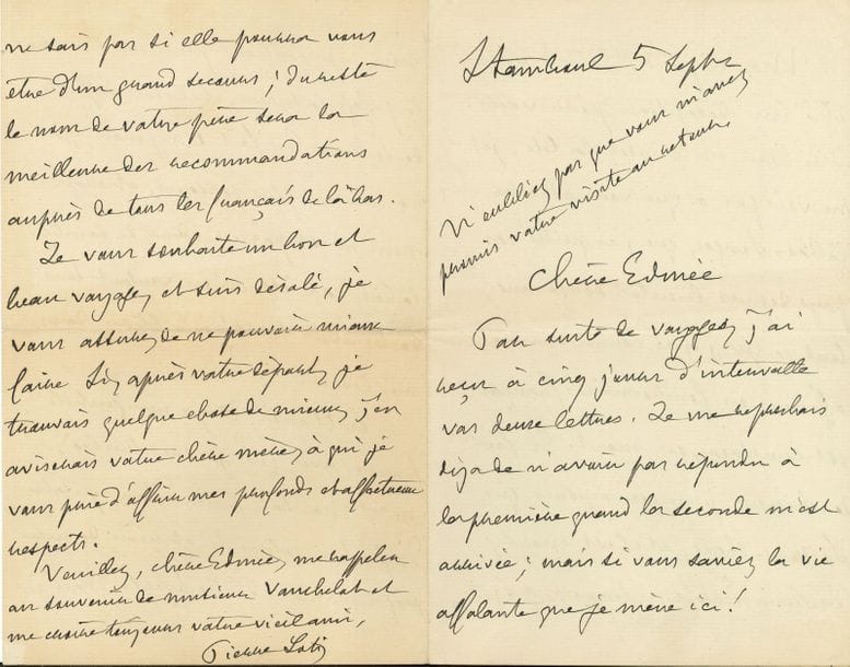 Pierre LOTI (1850-1923). L.A.S., Istamboul 5 septembre [1910], à Edmée Daudet ; 4 pages in-8 (une enveloppe jointe).

Sur la Chine et le Japon, avant un voyage d’Edmée en Asie, qu’il a quittée « depuis bientôt douze ans ; tout ce que j’y ai connu comme officiers ou fonctionnaires française est remplacé, ou mort. En fait de chinois, je ne connaissais que Li-Hung-Chang, et il est mort ; d’ailleurs c’était en temps de guerre, nous représentions pour eux l’invasion, le pillage, la terreur, et il était difficile de se lier. En fait de japonais, je ne connais plus personne, et mon nom n’est pas en odeur de sainteté là-bas, car ils m’en veulent tous de les avoir traités “à la blague” dans mes livres. […] du reste le nom de votre père sera la meilleure des recommandations »…

