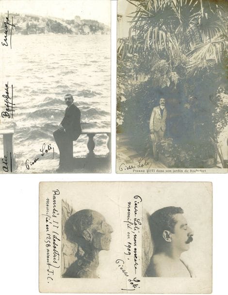 Pierre LOTI (1850-1923). 6 L.A.S., 4 cartes postales a.s., 6 cartes de visite autographes, et 2 manuscrits autographes.

Hendaye 1er septembre, à son filleul Julien Le Cor (fils de « mon frère Yves ») : il ne pourra pas venir en Bretagne… – Il est surmené, « et puis ma vie très sombre »… – « Si vous êtes un mystique, allez voir les désolations de la Terre Sainte. Dans le cas contraire, gardez-vous en bien et allez dans l’Inde où tout est pour la joie des yeux »… – Il tient à « rester en dehors de toutes les enquêtes »… – Il refuse de lire un ouvrage : « j’ai été élevé avec les évangiles, que je sais presque par cœur ; mais tous leurs commentaires humains, – sauf l’Imitation, – me semblent toujours trop insuffisants et intolérables »… – Il est « tout acquis en principe » à la candidature d’Abel Hermant, mais ne peut s’engager « sans savoir contre qui il se présente »… Plus une enveloppe au lieutenant de vaisseau Bargone [Claude Farrère] à Toulon.
Carte postale aux têtes de Loti et Ramsès II avec légende autographe : « Pierre Loti, non encore momifié en 1909. Ramsès II (Sésostris) momifié en 1258 avant J.C. » ; plus une autre avec légende impr., écrite au verso. Photographie signée et annotée sur les rives du Bosphore. Loti dans le jardin de Rochefort.
Cartes de visite au nom de Julien Viaud ou de Pierre Loti.
Page 2 d’une lettre d’une « désenchantée » Seniba-Hanum remaniée et copiée par Loti, avec p.a.s. d’envoi à Excelsior pour verser les droits à Mme de Chateauneuf (1 page in-fol.). Page autographe (in-4) de corrections à un livre.
On joint divers documents : l.a.s. de Gaston Mauberger ; l.a. de la comtesse Diane à Laurent Tailhade ; un portrait gravé, une caricature impr. Par Sem, deux revues.


