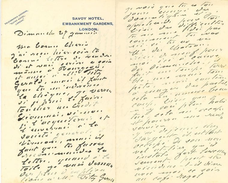 Claude MONET (1840-1926). L.A.S. « ton vieux Claude », Londres Dimanche 27 janvier [1901], à sa femme Alice, « Ma bonne chérie » ; 4 pages in-8, en-tête Savoy Hotel.

Belle lettre de Londres.
Il l’entretient de leurs arrangements financiers et promet d’écrire le soir même à Bourgeois et à M. Fitz Gerald... « Quand à la toile je vais demander plus d’explications à Mr Fitz Gerald. Il est tout à fait bien pour moi et voulait me faire recevoir dans un club the Art Club, mais n’y connaissant personne j’ai décliné son offre. Il était chargé de m’invité à dîner chez un peintre de ses amis pour Jeudi, mais comme Madame Hunter m’a demandé pour ce même jour je n’ai pu accepter »... Il attend impatiemment les nouvelles de Michel. Il l’engage à ne pas se faire de bile avec les domestiques. À Londres, « il fait un temps terrible, une vraie tempête ». II continue à « essayer des pastels cela m’amuse beaucoup, bien que je n’y sois plus habitué, cela m’occupe et pourra me rendre service ». Il a déjeuné chez Sargent qui « est tout occupé de son nouvel atelier qu’il installe fort luxueusement »...
