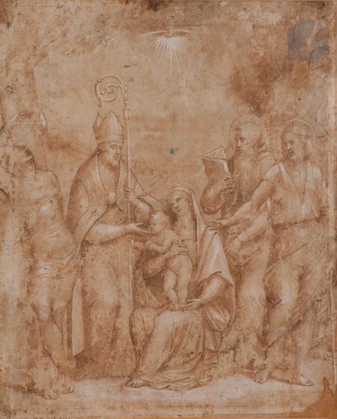 Attribué à Giacomo FRANCIA (avant 1486-1557)
La Vierge à l'Enfant entourée de saint Sébastien, saint Guillaume, saint Jérôme et saint Jean-Baptiste
Plume et encre brune, lavis brun et rehauts de gouache blanche.
(Manques restaurés, déchirures, épidermures, taches et petites pliures).
28 x 24.5 cm

Notre dessin est proche du tableau de Giacomo et Guilio Francia conservé à Berlin à la Gemäldegalerie (voir : E. Negro et N. Roio, Francesco Francia e sua scuela, Banca Agricola Mantovana, Modena, Artioli Editore, 1998, reproduit p.271, fig.209). De plus, notre dessin est techniquement très proche d'un autre dessin de Giacomo Francia conservé au musée du Louvre (voir opus cité supra, reproduit p.262, fig. 190D).