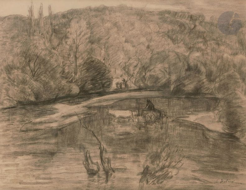 Léon DETROY (1859-1955)
Paysage aux attelages
Fusain et estompe.
Porte le timbre de la signature en bas à droite.
45 x 58 cm

Nous remercions Monsieur Christophe Rameix d'avoir confirmé l'authenticité de cette œuvre et pour les informations qu'il nous a transmises.