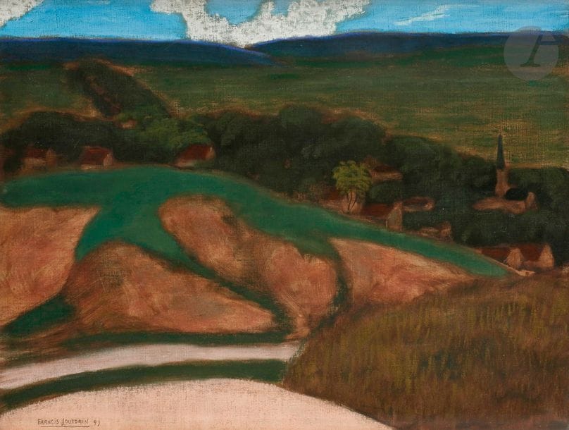 Francis JOURDAIN (1876-1958)
Village, 1899
Pastel sur toile.
Signé et daté en bas à gauche.
46 x 61 cm

Provenance : 
Galerie Charles Hessele, Paris (étiquette au dos).