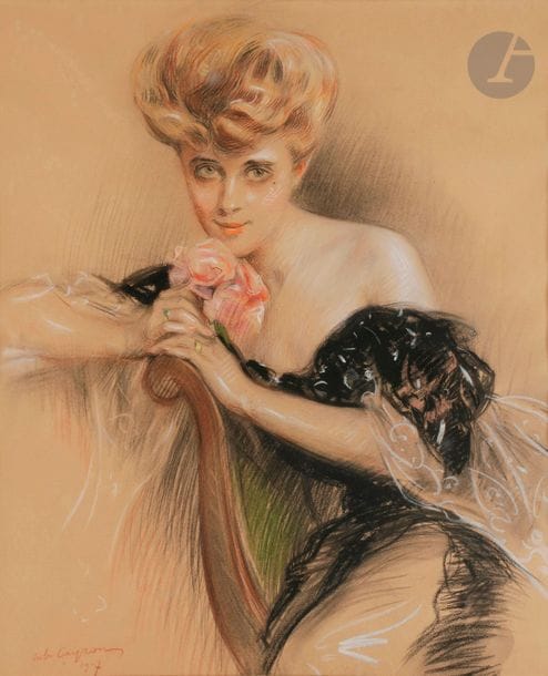 Jules CAYRON (1868-1940)
Femme à la rose, 1907
Crayons gras et sanguine.
Signé et daté en bas à gauche.
58 x 48 cm