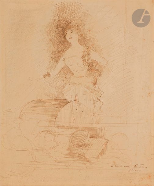 Jean-Louis FORAIN (1852-1931)
La Cantatrice
Encre brune.
Signée et dédicacée en bas à droite.
29 x 24 cm
