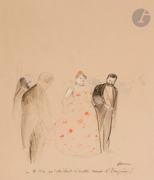 Jean-Louis FORAIN (1852-1931)
Et dire qu'elle était si belle sous l'Empire !
Encre, lavis d'encre, aquarelle et crayon.
Signé et titré.
40 x 33 cm