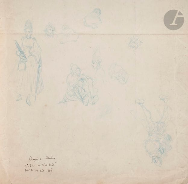 Théophile Alexandre STEINLEN (1859-1923)
Études de personnages - Polichinelles, croquis n° 240 du " Chat noir ", 1886
Crayon bleu, recto verso.
Annoté en bas à gauche et au recto. 
30.5 x 32 cm

Ce dessin est répertorié dans les archives du catalogue raisonné Steinlen actuellement en préparation par Mmes Claude Orset et Élisabeth Maréchaux Laurentin.