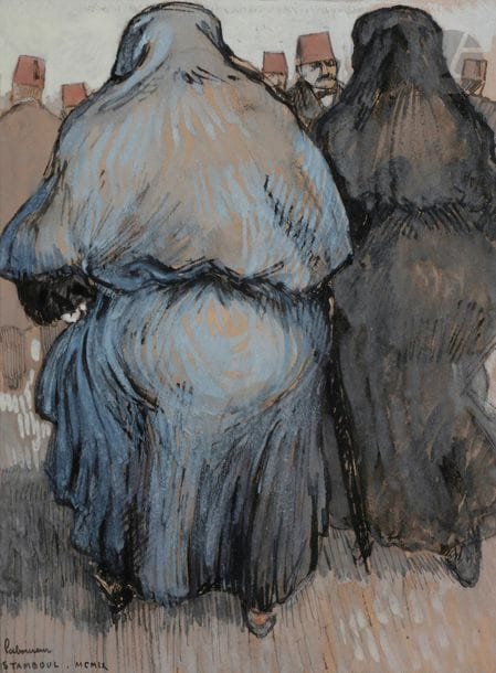 Jean-Émile LABOUREUR (1877-1943)
Femmes d'Istanbul, 1909
Gouache sur traits de fusain.
Signée, datée et située " Stamboul " en bas à gauche.
23.5 x 17 cm

Provenance : 
Collection Suzanne Laboureur. 

Exposition : 
Pully, 1988, n° 246. 

Bibliographie : 
Sylvain Laboureur, Catalogue de l'œuvre complet de Jean-émile Laboureur, Tome III, Peintures, aquarelles et gouaches, Neuchâtel, Ides et Calendes, 2001, reproduit en couleur p. 194, n° 256.