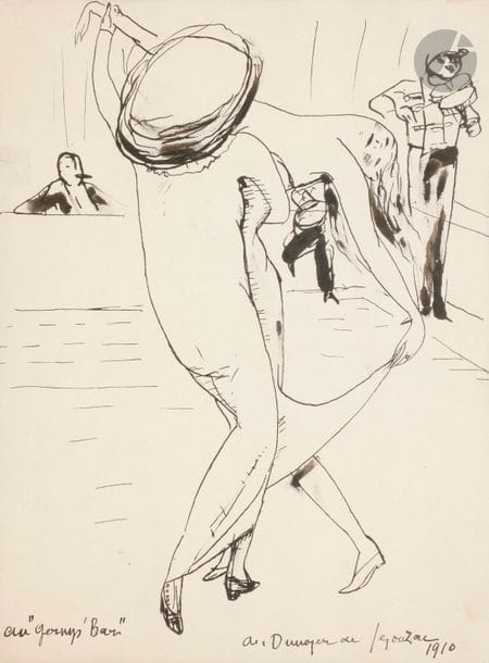 André DUNOYER de SEGONZAC (1884-1974)
Au " Gernys' Bar ", 1910
Encre.
Signée, datée et titrée en pied.
(Petite déchirure).
33.5 x 25.5 cm