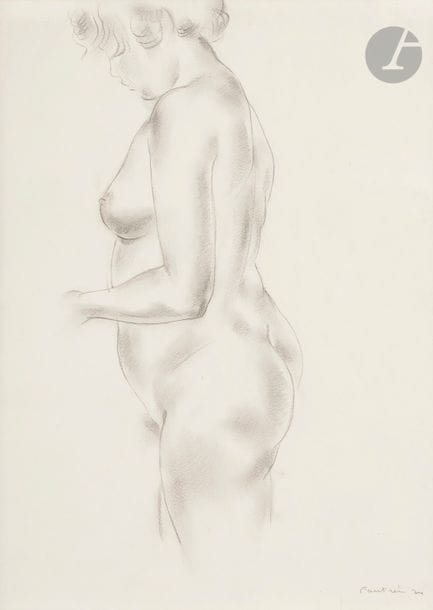 Jean FAUTRIER (1898-1964)
Nu debout, 1924
Mine de plomb et estompe.
Signé et daté en bas à droite.
31 x 23.5 cm

Provenance : 
- Collection Marcel et Liliane Pollack, vendu au bénéfice de l'Institut Pasteur, de l'Université de Tel-Aviv et du S.E.R.A. (Solidarité Enfants Roumains Abandonnés), Sotheby's, Londres, 1er décembre 1994, n° 256. 
- Vente Sotheby's, Londres, 21 mars 1996, n° 121. 
- Vente Robert et Baille, Hôtel Drouot, Paris, 22 décembre 2010, n° 40.
