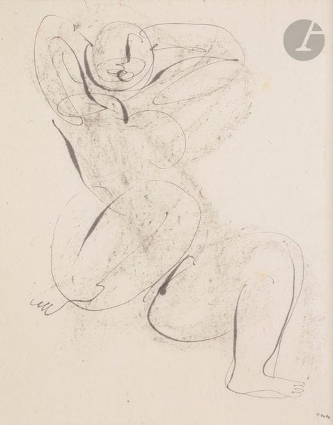 Jean FAUTRIER (1898-1964)
Nu assis les bras levés, 1944
Encre.
Signée et datée en bas à droite.
24.5 x 18.5 cm
