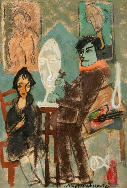Valentine SHAPIRO (née en 1948)
L'Atelier du sculpteur
Gouache.
Signée en bas à droite.
60 x 40 cm