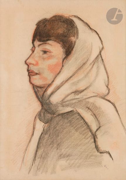 *Jiri Karpeles, dit Georges KARS (1882-1945)
Femme au châle, 1930
Trois crayons sur papier contrecollé sur toile.
Porte le timbre de l'atelier en bas à droite.
(Petites déchirures).
62 x 45 cm