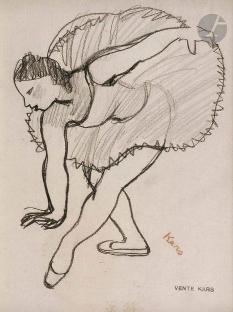 *Jiri Karpeles, dit Georges KARS (1882-1945)
La Ballerine
Fusain sur papier contrecollé sur toile.
Porte les timbres de la vente de l'atelier.
25.5 x 18 cm
