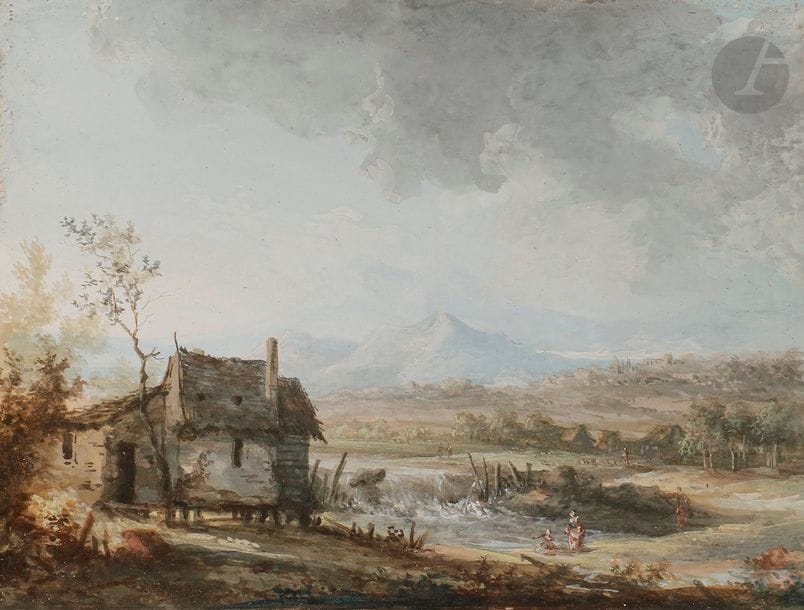 Attribué à MOREAU l'aÎné 
Louis-Gabriel Moreau, dit l'Aîné (1740-1806)
Paysage
Gouache.
7 x 10 cm