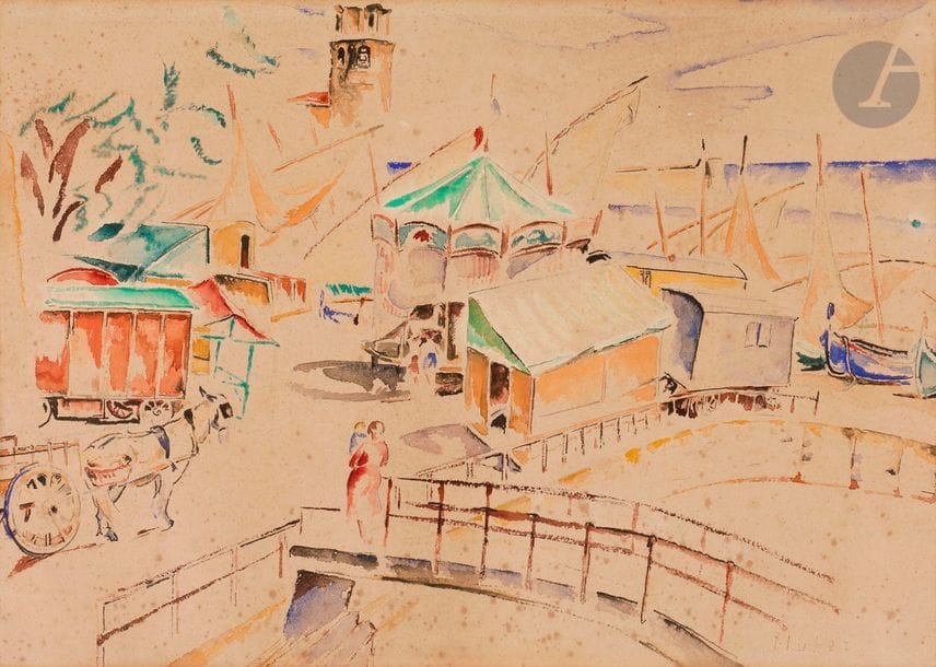 Mela MUTER (1876-1967)
Collioure, le fête foraine
Aquarelle.
Signée en bas à droite.
(Rousseurs et insolation).
35 x 50 cm
