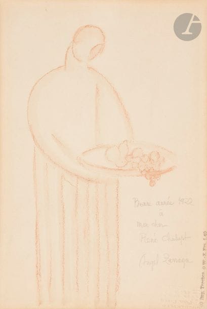 Angel ZARRAGA (1886-1946)
Femme à la corbeille de fruits, Bonne année 1922
Sanguine.
Signée, datée et dédicacée : " À mon cher René Chalupt ".
27.5 x 19 cm

Provenance : 
- Collection René Chalupt. Offert par Amedeo Modigliani à ce dernier. 
- Par descendance. 
- Acheté directement aux descendants par la Galerie C. Stany, Paris.