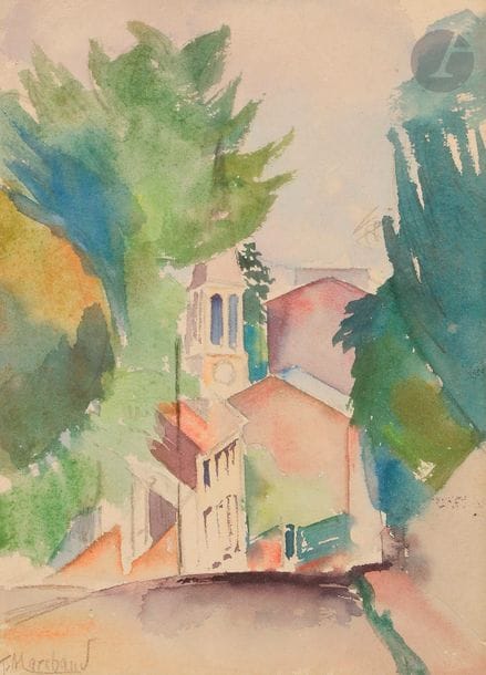 Jean-Hippolyte MARCHAND (1883-1940)
Village cubiste, vers 1912
Aquarelle.
Signée en bas à gauche.
22 x 16 cm